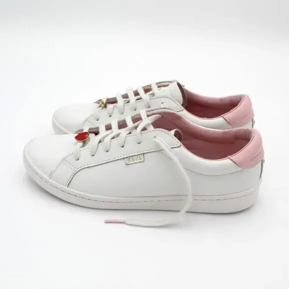 Kate Spade Keds Leather Sneakers Women 8 White Pink Heart Lips Charm Valentines - Picture 2 of 12